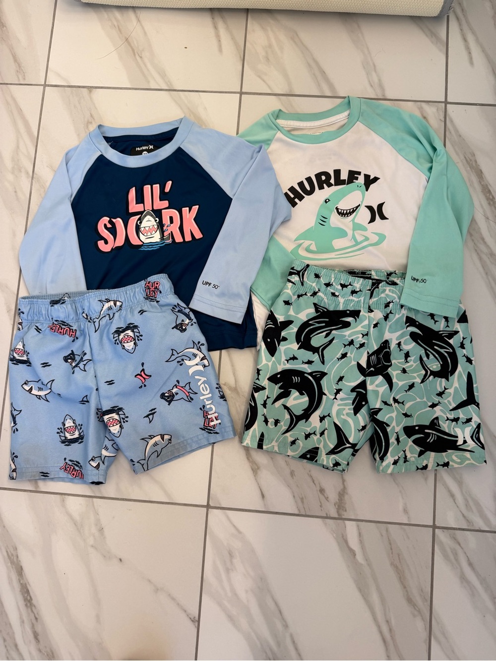 Hurley Kids' Mint & Navy Shark Rash Guard swim trunks and shirts - Sets 2T